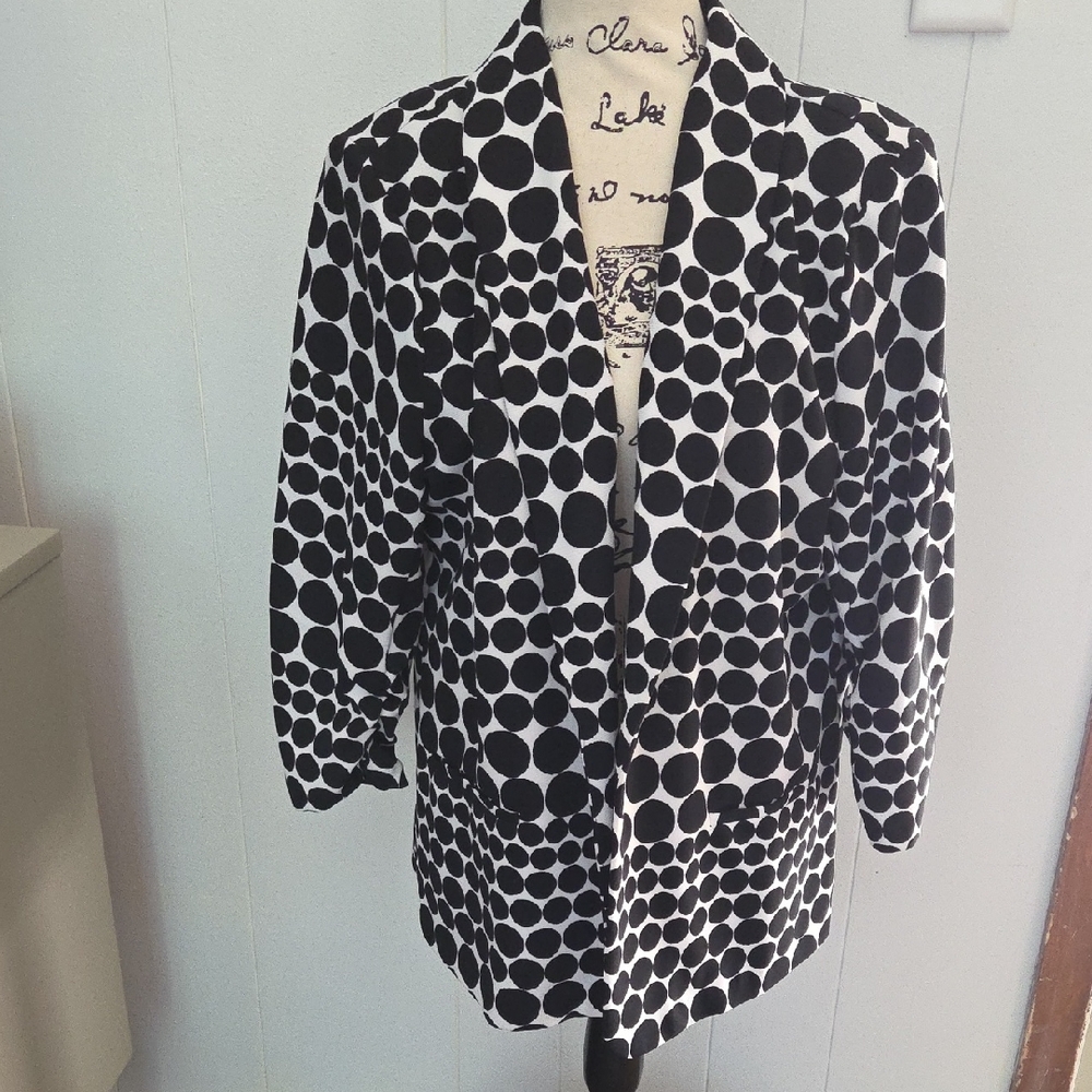 Black & White Polka Dot Statement Blazer XL Mod Geometric Open Front Jacket